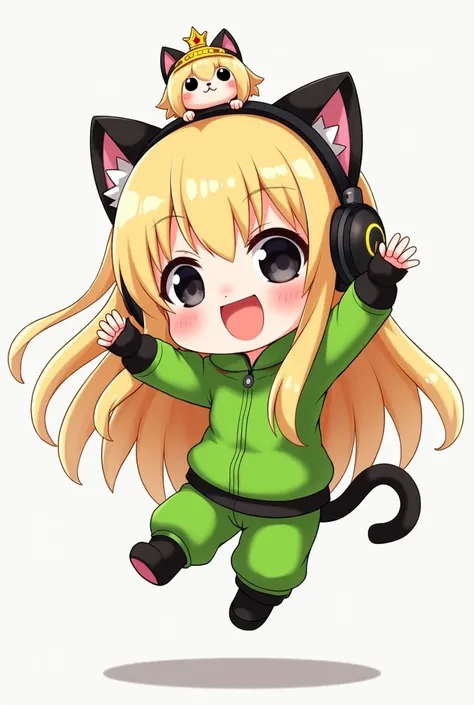 Chibi, blonde, with long black hair and black eyes, who is overly happy and jumps with joy and has a cat headset, plays games on her head and carries a little cat with a superpower with a golden crown on her head. The painting must be in drawing mode, wear...