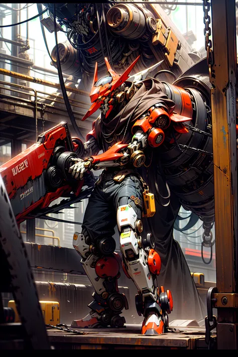 Dark_Fantasy,Cyberpunk,(chain saw,chain saw man,Red:1.1),1man,Mechanical marvel,Robotic presence,Cybernetic guardian, wearing a worn-out mech suit, intricate, (steel metal [rusty]), elegant, clear focus, New Star Ambassador Contest, mecha , with mecca armo...