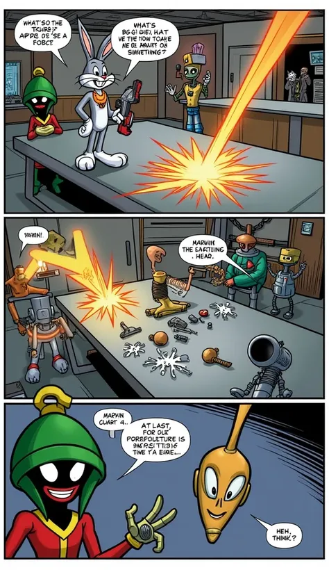 Panel 1:

Bugs Bunny is restrained on a metal table, looking defiant but a bit nervous, surrounded by Martian robots and machinery. Marvin the Martian stands nearby with a devious smile, holding a glowing zap gun aimed at Bugs.
Dialogue/Action:
Bugs (smirk...