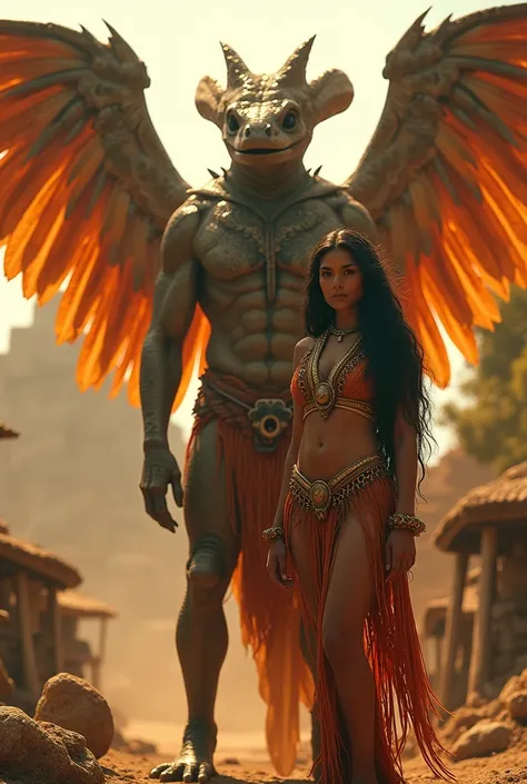 frontal view, walking side by side, masterpiece, best quality, hyperrealistic, cinematic photo, A giant alien reptilian feathered shaman, wings spread out, standing next to a woman, Mayan princess, GTS,tanned skin, mayan amazing athletic body, maya traditi...