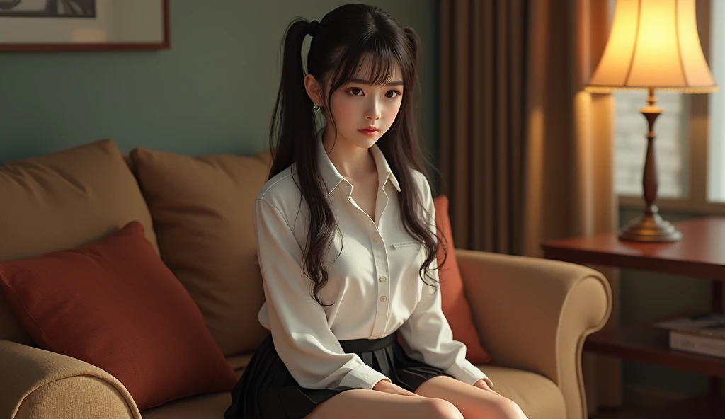  Very realistic photo ，Very real photos，Hyperrealism，8K，Very realistic picture ， A young girl named Ruby ， This girl looks like a movie star Satomi Ishihara，Wearing double ponytails， in a white shirt ，Big breasts，Red bowtie， black pleated skirt ，She sat on...