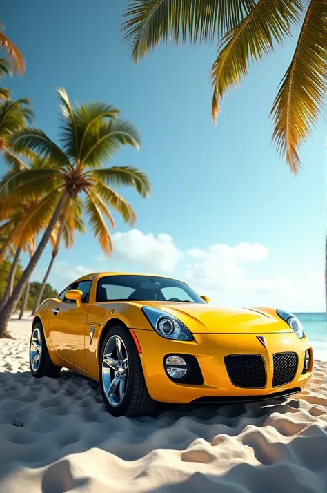 A yellow Pontiac Solstice GXP on a beach background