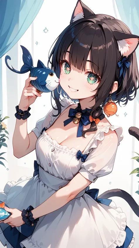 Cat ears, cat tail, Cat girl, holding a big fish in both hands, sparkling eyes, big smile,A vibrant market