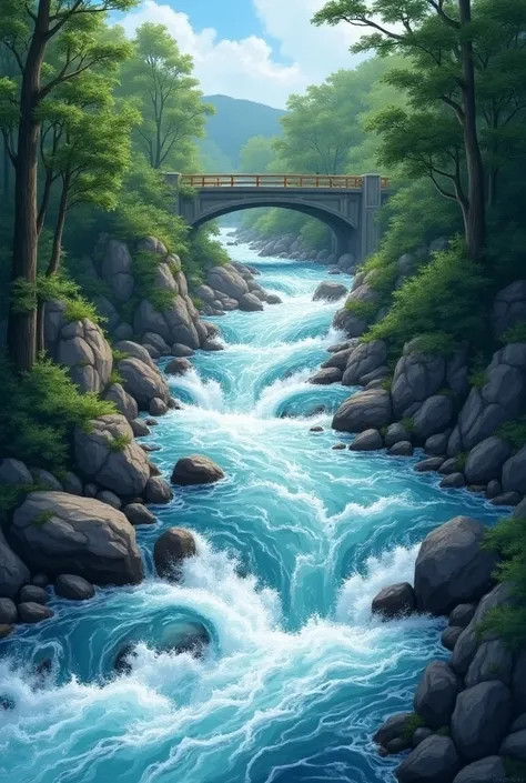  An intricate river with strong currents and hard rocks underneath .  No bridge

This is fictional characters drawing only . The picture should be easy to paint .  The drawings are only rens and the drawing must be according to the description above 