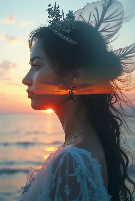  lyrics, 8K ultra HD, Una hermosa double exposure que combina una silueta de diosa con la costa al atardecer,  the coast at dusk should serve as a backdrop ,  with its details incorporated in the goddess , sharp lines, The background is monochrome,  sharp ...