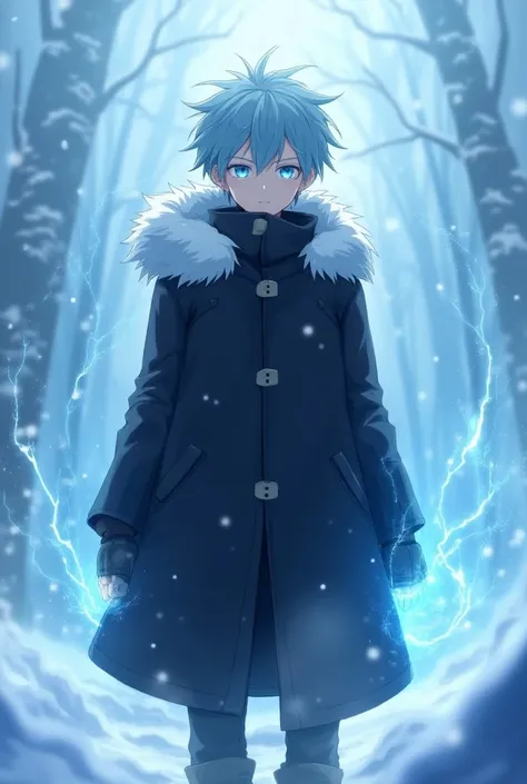 Anime adult boy with long black buttoned winter coat with white fur on hood, short light blue hair, light blue eyes, ice powers