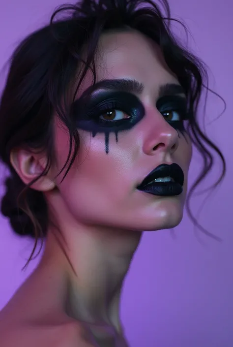 a model with strong traces of black makeup on a lilac background , image from the shoulder up, For makeup site 
