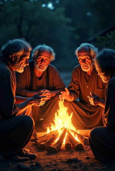 A group of elderly villagers gathered around a crackling bonfire at night. Their faces are lit by the orange glow, and their expressions show fear and concern as they discuss the legend of “सिर कटा”.