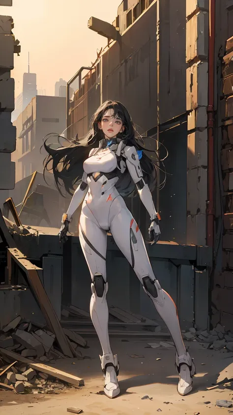 whole body, whole body,  from head to toe, 1 girl in a futuristic robot suit, Background of a ruined town in the near future,Behind is the remains of a giant robot、 semi-long hair at the end