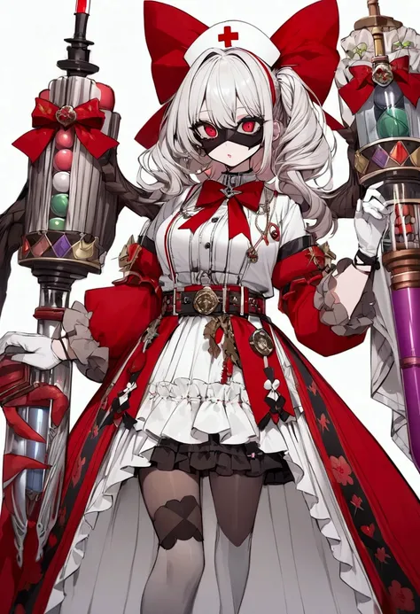 [( white background:1.5)::5], Medium shot, whole body, cute, Anime Girl，Gorgeous skirt，Gloves，green curls，Exquisite dress，Bow，Ruffles，Ribbon，bandage，Nurse style， Huge Syringe，pill，Red Cross ， Unilateral Eye Mask ，love decoration，Subculture， morbid ，bloody，...