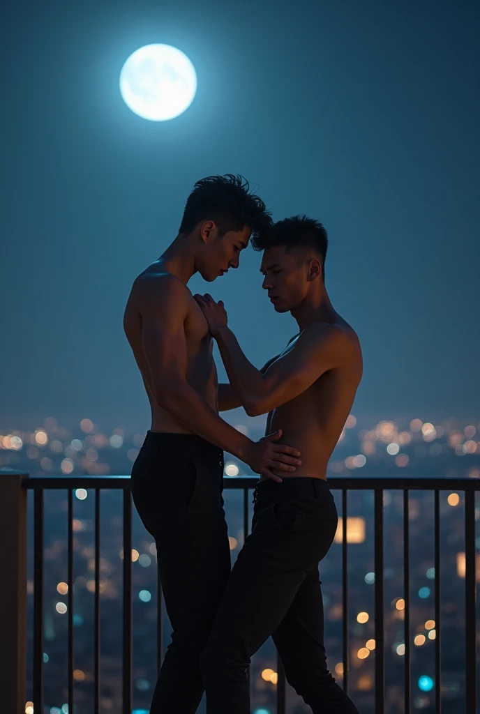 High-quality photo of two eighteen-year-old guys on a balcony in the moonlight. An exceptionally tall, slender but muscular Asian boy, dances with a much shorter, very compact, athletic-looking blond, blue-eyed White guy.