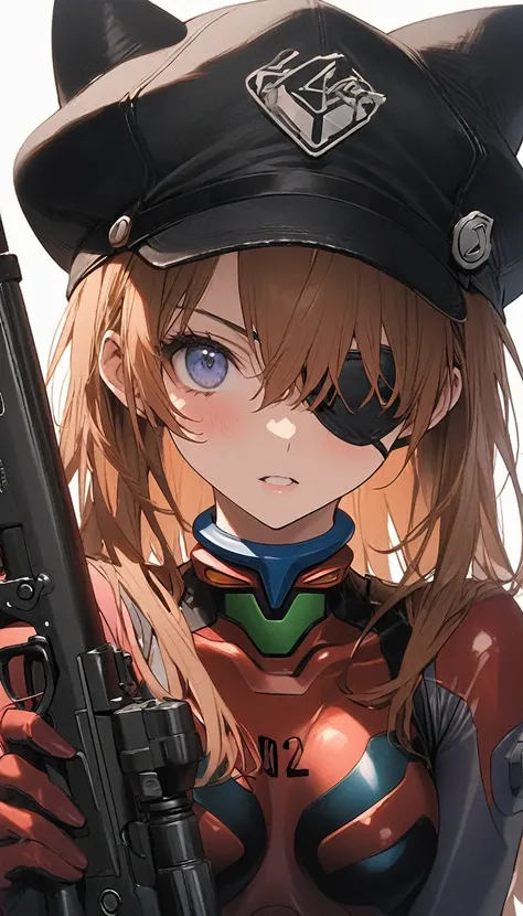   Neon Genesis Evangelion on the chest: NEW MOVIE  、 Shikinami Asuka Langley、  Red Plug Suit  、Eye patch、( Cat hat、black)、Sniper rifle、 hold a gun 、

