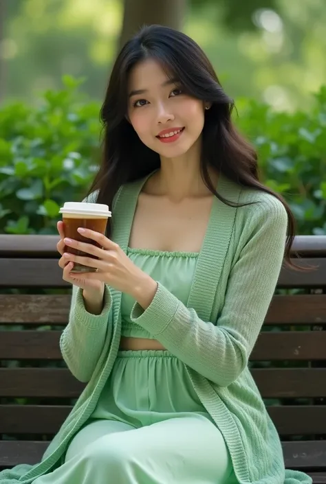 a beautiful Indonesian girl, wearing a light Green knit jacket, and a light Green long skirt, is holding a glass of coffee while sitting on a park chair, super HD