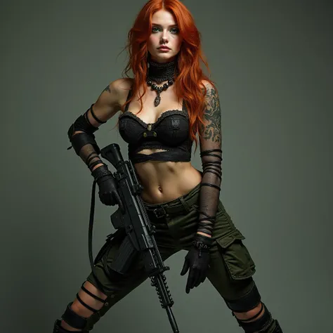 8k, hyperrealistic photography, ultra-detailed, masterpiece. 36 year old Celtic woman Appearance: Tall, vintage red hair, radiant emerald eyes. Personality: Energetic, outgoing and sensual. Makeup: gothic-post-apocalyptic. She wears a black mesh top with o...