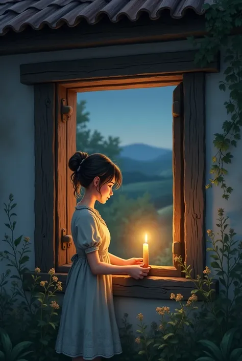 The same girl placing a candle in her window