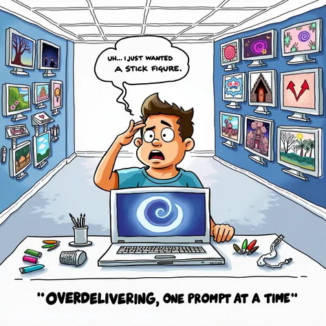 A humorous and vibrant digital art scene titled 'The Overachiever.' A human user sits at their desk in a bright, modern workspace, looking overwhelmed and scratching their head with an exaggerated expression of confusion and surprise. On the desk, the computer screen prominently displays a swirl-inspired blue logo as the AI image app, actively creating stunning artworks. The walls and monitors in the room are covered with vibrant and creative visuals, including surreal landscapes, intricate portraits, and fantastical creatures, all generated by the AI. Above the user, a speech bubble says: 'Uh… I just wanted a stick figure.' At the bottom of the image, a bold caption reads: 'OVERDELIVERING, ONE PROMPT AT A TIME.' The scene is playful yet detailed, with art supplies scattered around the desk, emphasizing the humorous contrast between simple expectations and over-the-top results. Ensure no swirling logos appear outside the computer screen.