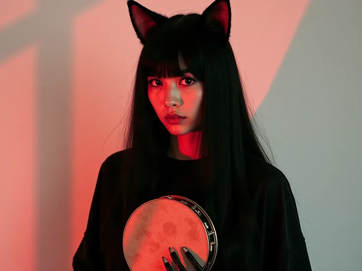 Cat ears,Long Hair, 3:3,I have a tambourine, No Emotion, black hair, red mesh