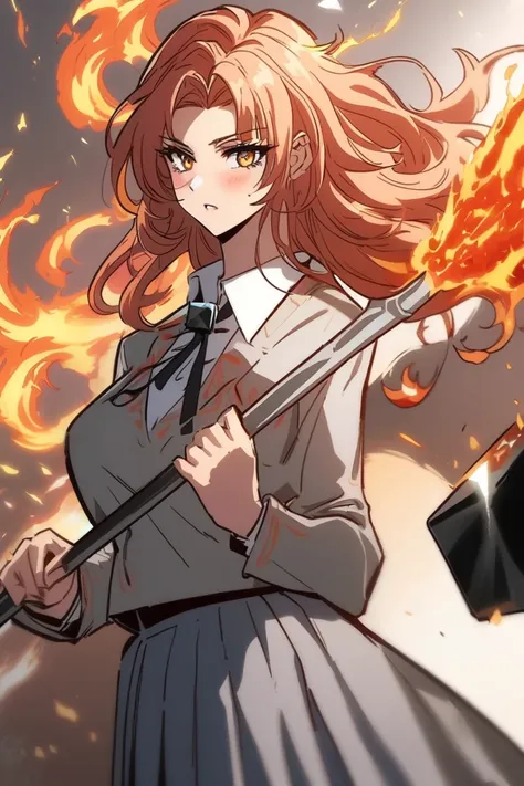 Women with fire haired, hold spear and black cube. Intense atsmophere with fire, her wearing school uniform. Manhwa style and beauty