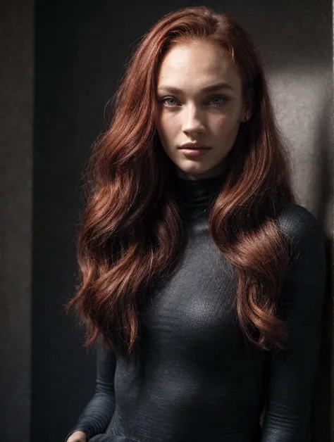  a woman like the girl in the door on the side with colored red hair like a ponytail wearing a black sweatshirt written MayaFitness and long black pants, 23 years old,  Mix of 10 %  Megan Fox with fiery red hair and 15 %  Gal Gadot with perfectly fiery red...