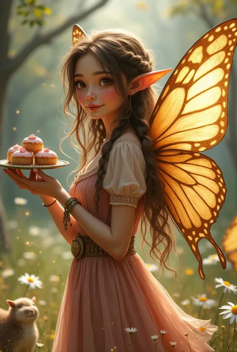 A beautiful adult woman fairy, she has messy long flowing brown hair, she has a few small braids throughout her hair, she has a pointy elf ears, she has brown eyes, she has a round face, she has a closed mouth smile, she has nose blush, she has big beautif...