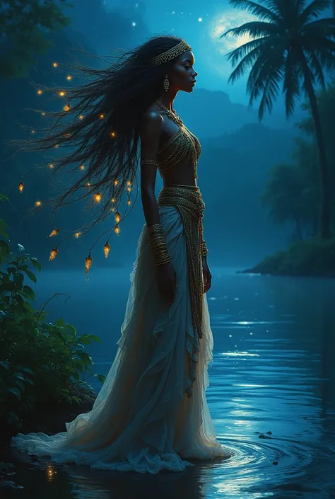 

A mysterious, glowing woman standing on the riverbank, her hair flowing like dark water. Make it realistic image with Nigerian igbo tribe with igbo attire