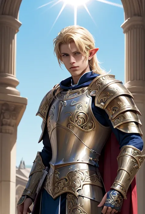 Heroic male elf paladin, tall and muscular, in his 20s. Short, well-kept blonde hair, bright blue eyes with a piercing gaze. Slightly tanned skin, sun-kissed due to traveling and patrolling under the sun. Wearing ornate, shining paladin armor with intricat...