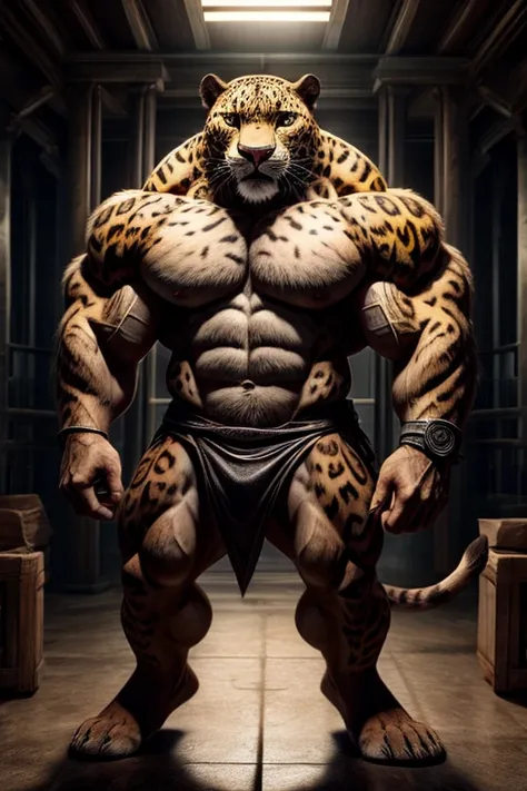 Jaguar with human body, muscular and strong body, body with pig skin, humanoid