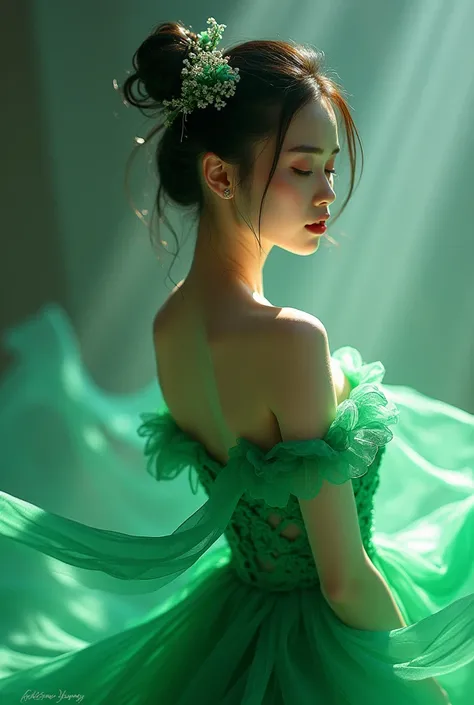 Transparent Thai Girl Red Full Body Green Evening Dress