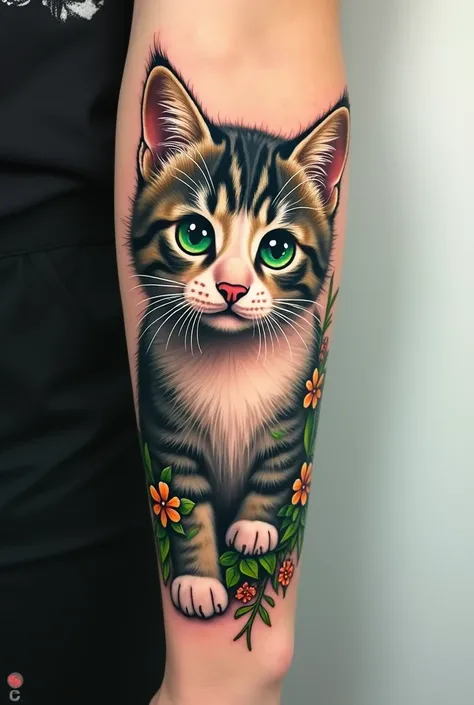 Cat Tattoo, realistic cat tattoo, green eyes cat tattoo, so cute tattoo, background white wall and green flower at tattoo studio. 