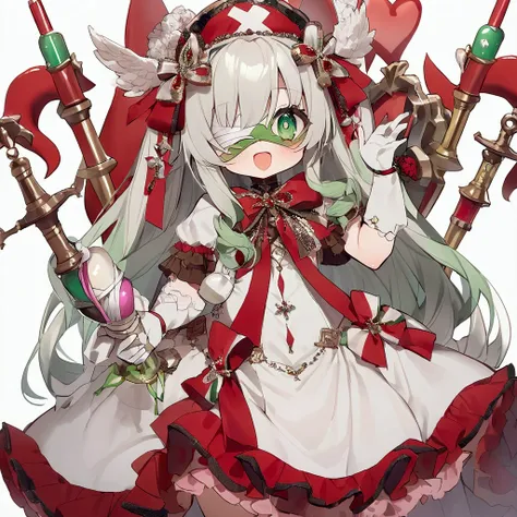 [( white background:1.5)::5], Medium shot, cute, Anime Girl，Gorgeous skirt，Gloves，green curls，Exquisite dress，Bow，Ruffles，Ribbon，bandage，Nurse style， Huge Syringe，pill，Red Cross ， Unilateral Eye Mask ，love decoration，Subculture， morbid ，bloody，lol，