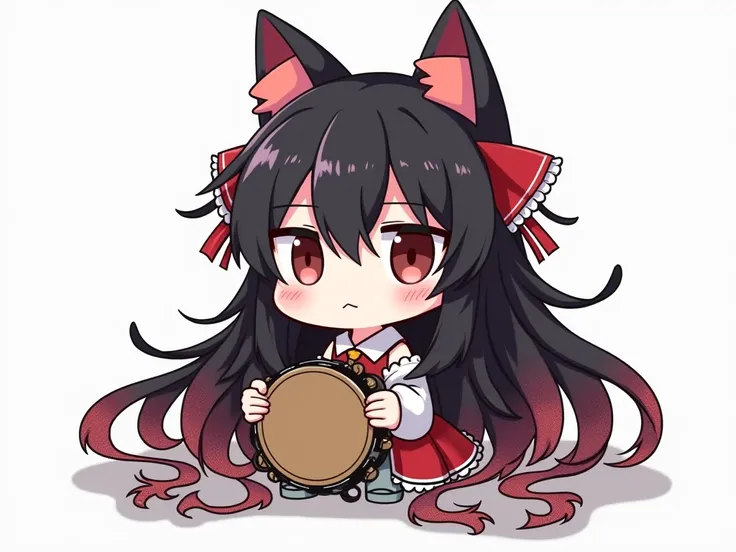 Cat ears,Long Hair, Chibi character,I have a tambourine, No Emotion, black hair,red and white mesh hair, anime style