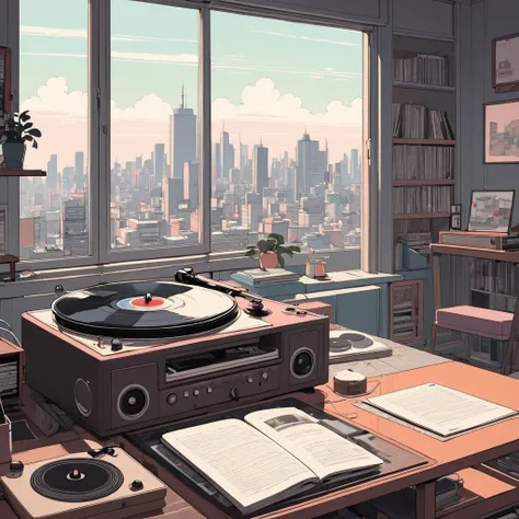 Inside the room, Illustration of a record player in a room with a city view, LoFi illustration of a girl studying, Emotional illustrations that can be used in low-fi videos, Vinyl Recorder Lo-fi Retro Animation