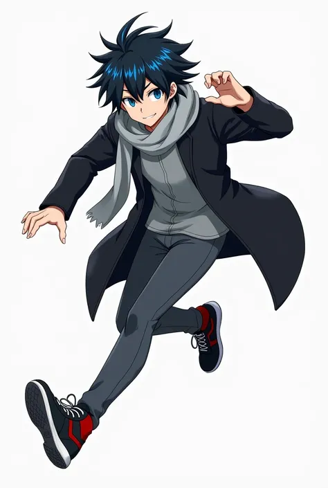  A young adult anime boy,  black hair with blue threads, blue eyes, gray shirt, black coat, Cachicol gray ,  dark gray pants , black and red shoes , running pose