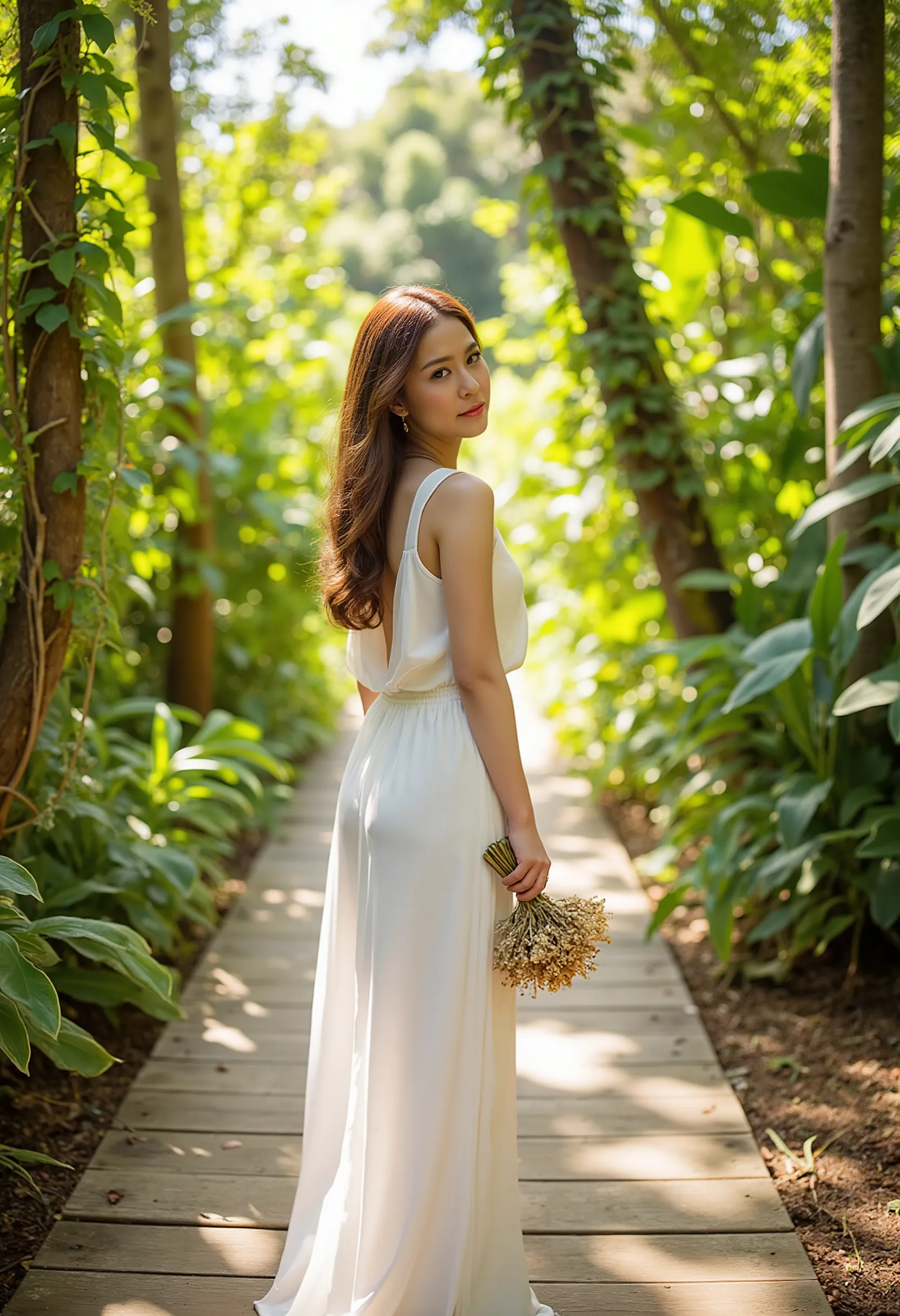 a romantic fashion photoshoot on a wooden pathway surrounded by vibrant green foliage and climbing vines. the thai woman model i...