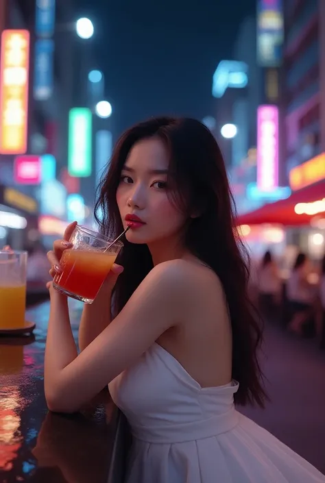 asian thai, urbanist girl, nightlife, drinking, whitedress, modern girl, longhair