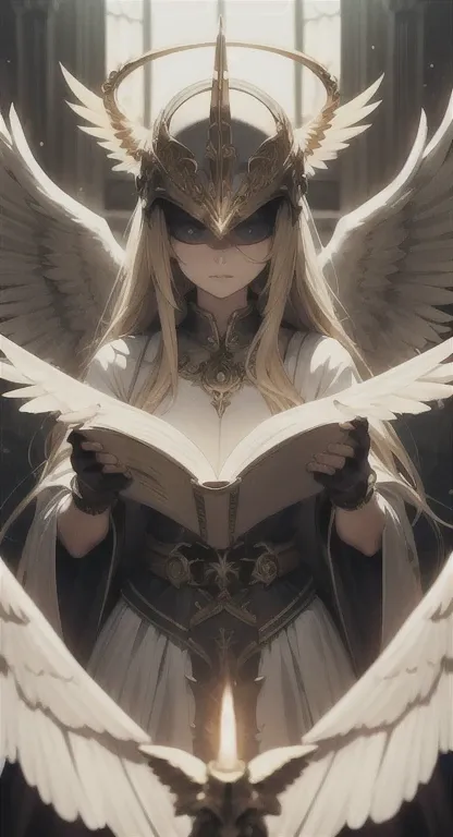 Ancient castle , Helmet, covered eyes, wings, halo, long blonde hair, angel, model, looking at viewer, POV, Summoning chamber,