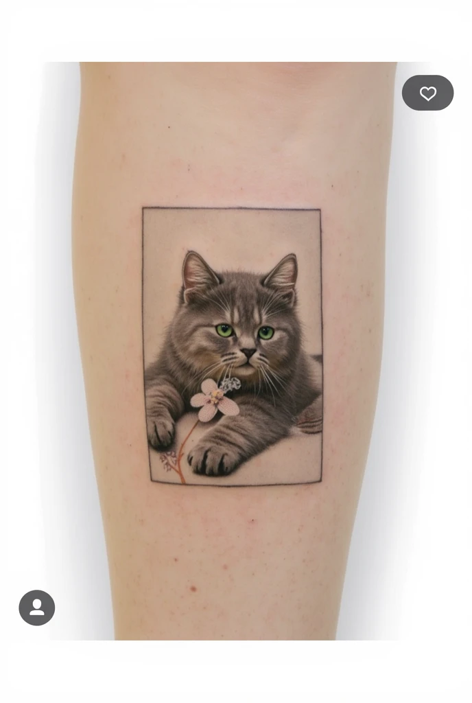 Cat Tattoo, realistic cat tattoo, green eyes cat tattoo, so cute tattoo, background white wall and green flower at tattoo studio. 