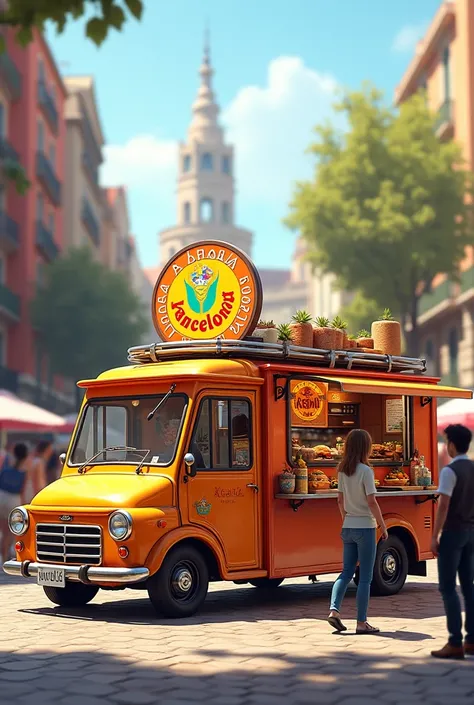  I need you to create for me the image of a food truck with a modern and charming style at the same time, With the name given to Vanceloneta inspired by the typical food of the city Barcelona  