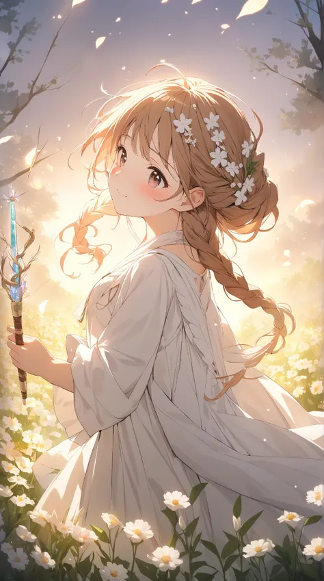 1 girl, ( cute face), Braided Hair, to many hairstyle, (blush:1.2),  shy expression , look back,  medium breasts,  Fantasy Healer Clothes, Healing Wand ,  Clear Skin , break, Warm Light, (Gentle Light:1.3), (Atmosphere of Love :1.3), break, Flower Field, F...