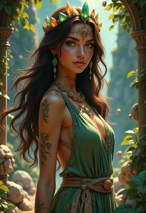 "A beautiful earth goddess with long, wavy deep brown hair with golden highlights and intense emerald-green eyes that subtly change hue based on her powers. Her skin has a warm, earthy tone, resembling polished bronze, with faint marble-like patterns that ...