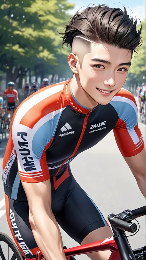 (photorealism:1.2), Handsome japanese man, 25-30 year-old, stand next to  cycling bike, with cycling bike outfit, happy, undercut hairstyles 