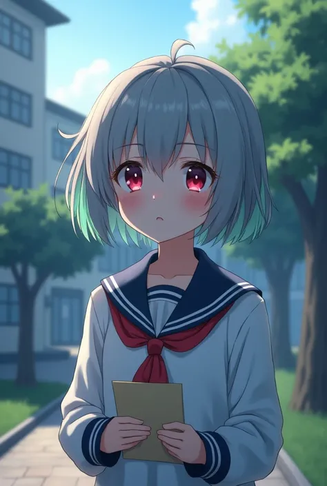  charming anime-style junior high school student with short gray hair 　White Hair　 short bob　Red eyes　Small eyes　uniform　Only part of the forelock is fluorescent green Part of the bangs is fluorescent green 
Behind the gym after school　Confessed to　Love Le...