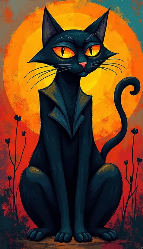 cat　黒cat　 Picasso style　Abstract　primary color　Sunset　