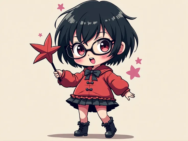  black hair,  anime style,  furi furi clothes,Heavy makeup,  wearing glasses , Short Hair,  full body image,Women, ladyboy,male,ちびキャラ