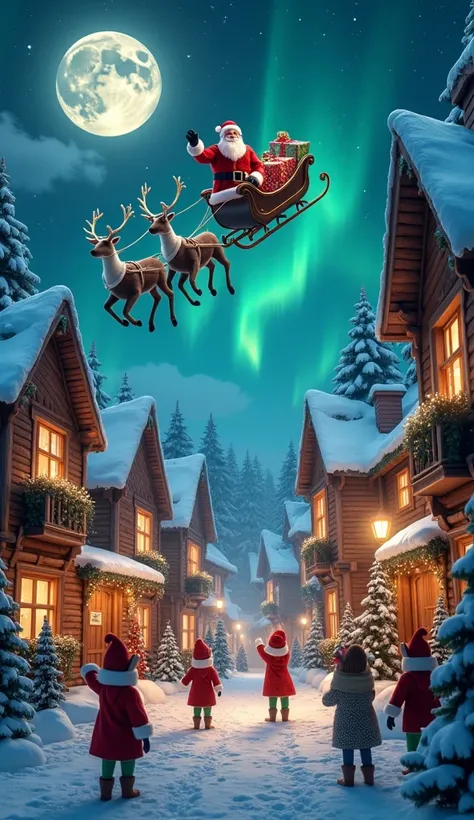 "A magical Christmas village scene at night, with small, cheerful elves waving and looking up at Santa Claus flying overhead in his sleigh pulled by nine majestic reindeer. The village is adorned with glowing festive lights, snow-covered rooftops, and char...