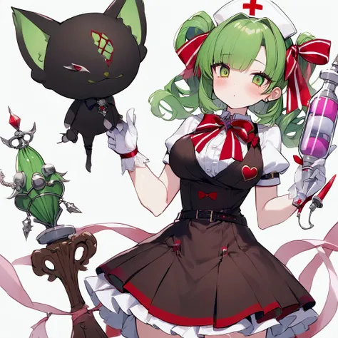 [( white background:1.5)::5], Medium shot, cute, Anime Girl，Gorgeous skirt，Gloves，green curls，Exquisite dress，Bow，Ruffles，Ribbon，bandage，Nurse style， Huge Syringe，pill，Red Cross ， Unilateral Eye Mask ，love decoration，Subculture， morbid ，Blood，lol，