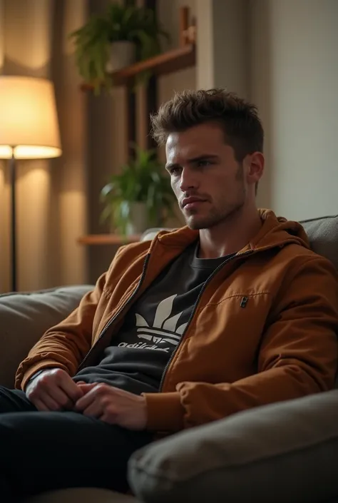  scene from the Elite series where an 18-year-old man is watching TV in the living room, Italian, castanho jacket,  clear eyes, big and muscular, sarcastic face, wearing clothes from Adidas , sitting on the couch,  image from afar showing the entire scene ...