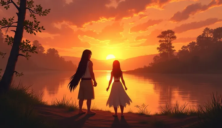 A serene sunset over the river, symbolizing the decision for peace. Pocahontas and John stand side by side, their gazes focused on the horizon. The sky is filled with warm, golden hues, and the landscape reflects the calm after the storm. The peaceful sett...