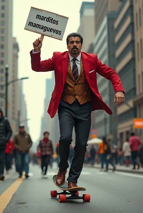 Do Nicolás Maduro skateboarding in a Bolivarian suit with a sign that says "MARDITOS MAMAGUEVOS "