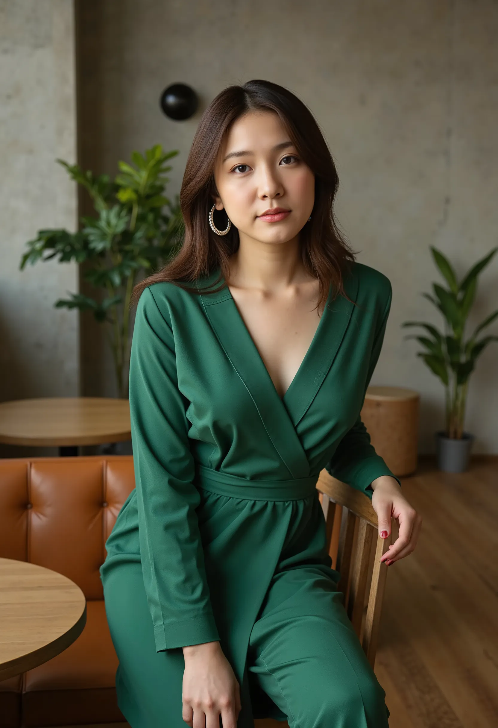 a chic fashion photoshoot inside a minimalist loft-style café with industrial décor. the asian girl model wears a structured eme...